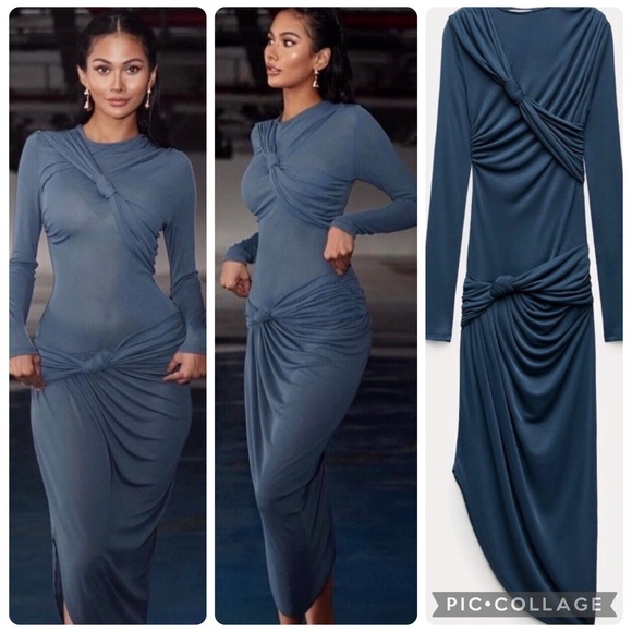Zara Dresses & Skirts - ZARA Draped Knot Midi Dress – Sculpting Bodycon – Size S (Stretch S/M)
